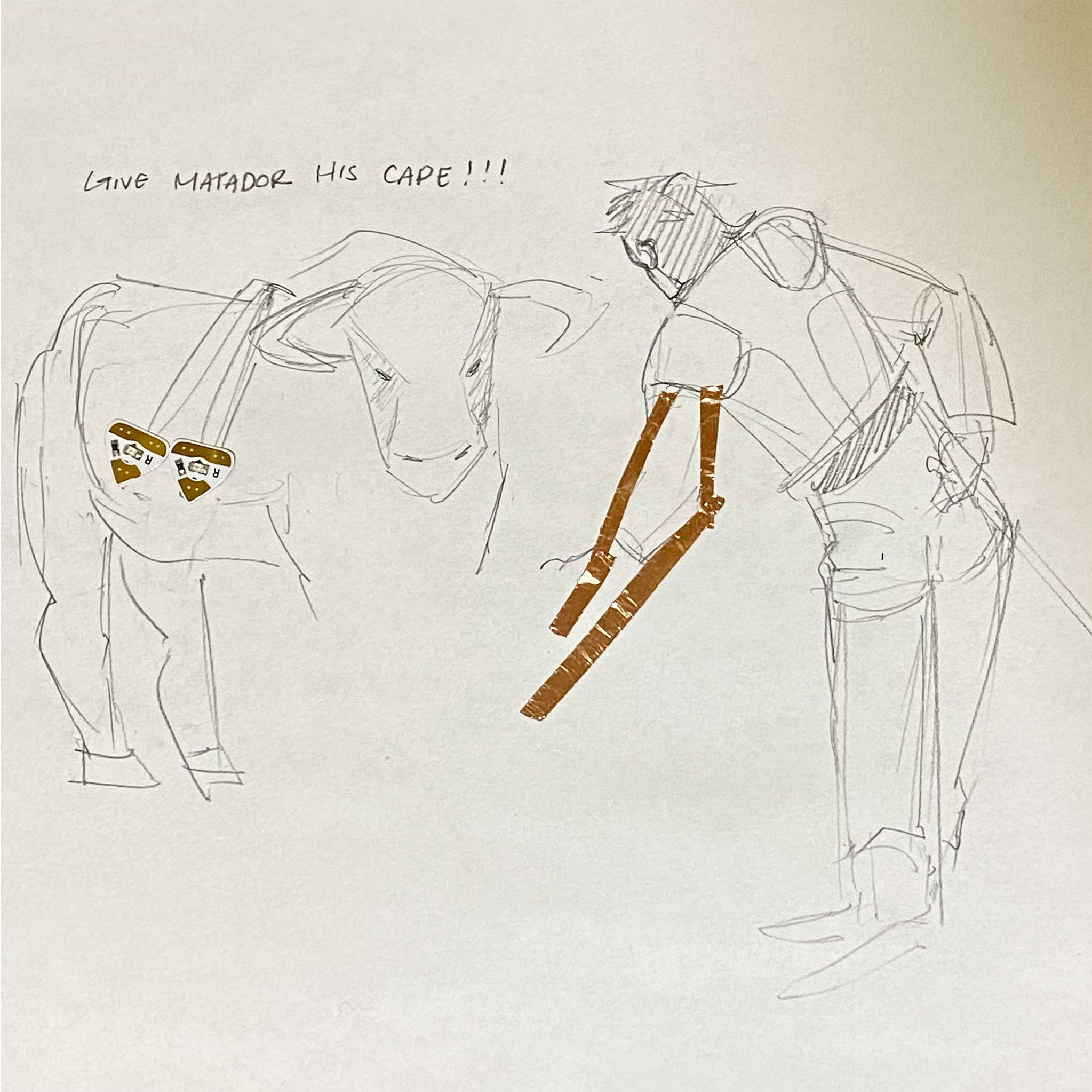 This is the initial concept of a bullfighting sequence, and the beginning of me placing the copper tape on top. My goal was to use the conductive fabric as the red cape, to experiment with the fabric. I didn't know how I would do this without the copper tape showing though, so I unfortunately had to do this on top of the drawing.