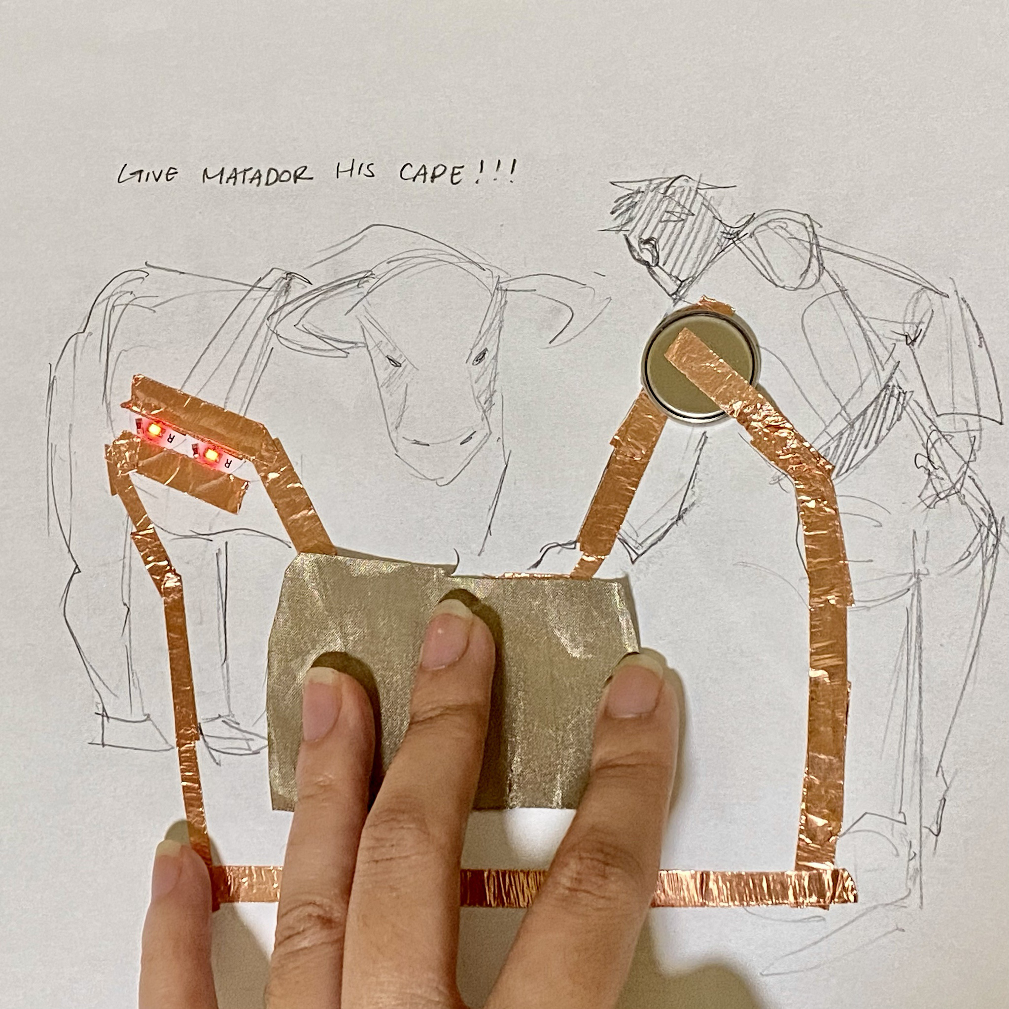 This is the final image of the bullfighting concept, where I placed the fabric over the copper tape to finish the circuit.